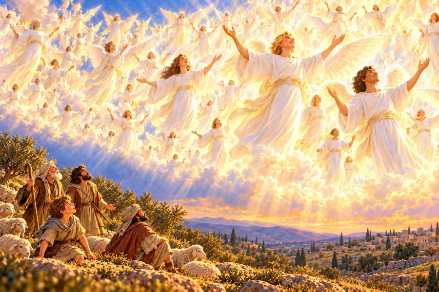 A page from the comic: the sky above the shepherds full of angels