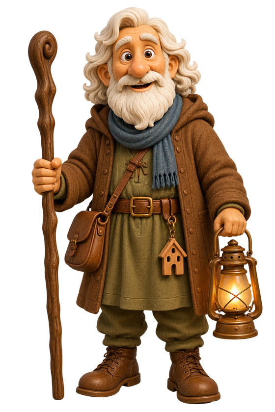 The Pilgrim: an elderly, kindly man in a brown coat and blue scarf, holding a walking staff and a lit brass lantern